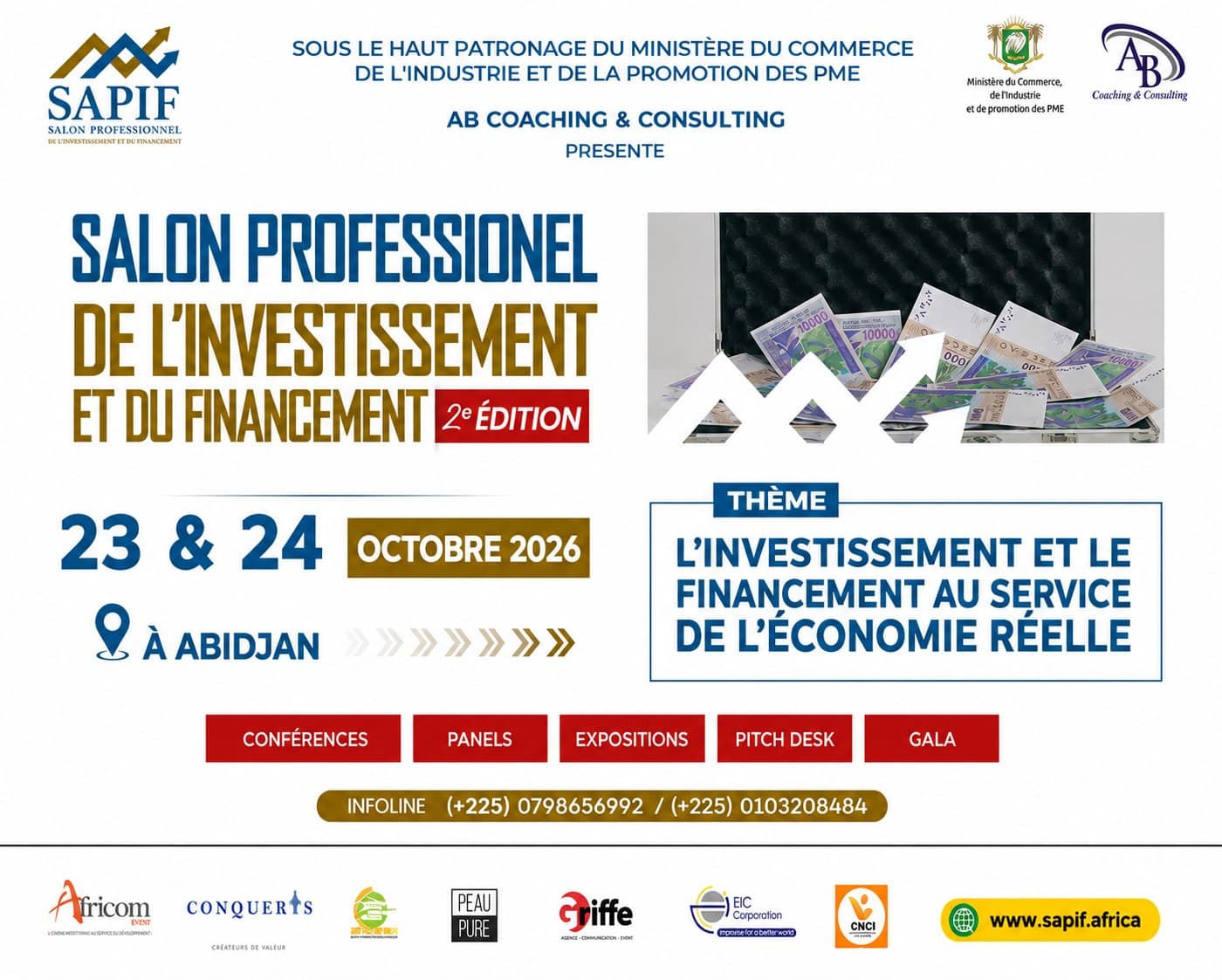 Affiche officielle du SAPIF 2026 — Salon Professionnel de l'Investissement et du Financement, 23 & 24 octobre à Abidjan